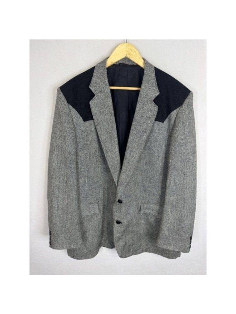 Circle S Mens Western Blazer 48L Grey Herringbone Suede Yoke Sport Coat USA Made